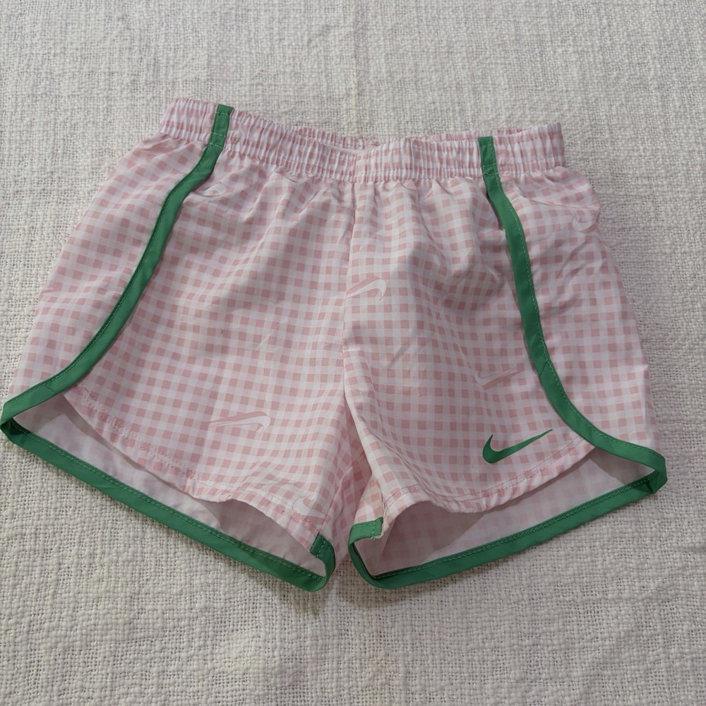 NIKE Girls DRI-FIT Tempo Lined Running Shorts Pink Gingham Green Trim 4/5